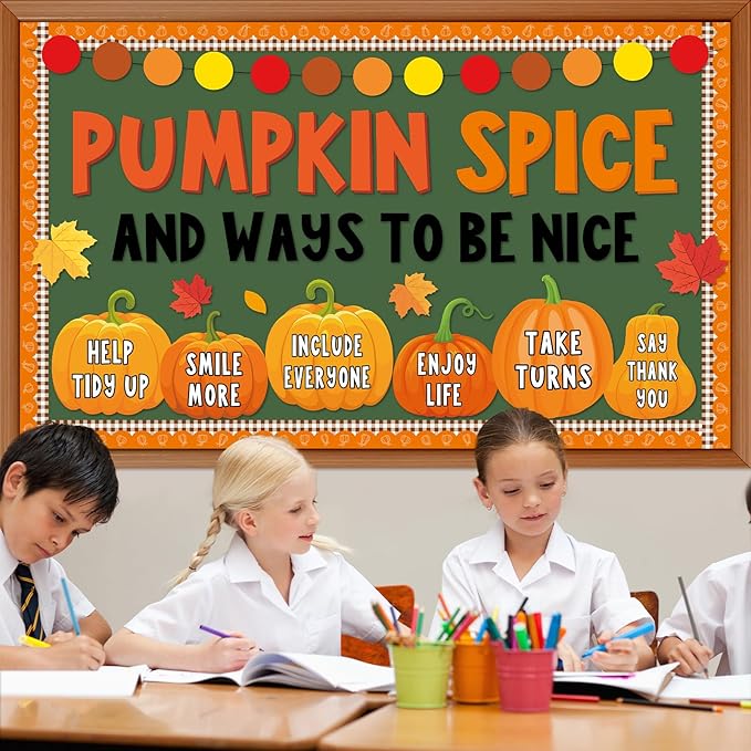 gisgfim Thanksgiving Pumpkin Bulletin Board Decorations Fall Classroom Pumpkin Spice and Ways to Be Nice Paper Cutouts Autumn Bulletin Board Set DIY Craft for School Office Wall Door Decor Supplies