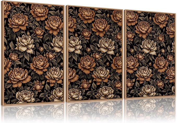 KAIRNE Moody Dark Floral Wall Art Set of 3, Vintage Flower Framed Canvas Prints, Mid Century Modern Botanical Artwork, Modern Colorful Decor for Living Room Bedroom Office, 16×24inch