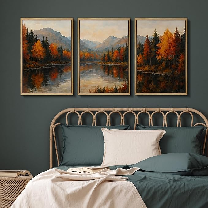 SIGNFORD Framed Wall Art Print Set Autumn Mountain Lake Vibrant Fall Forest Landscape Digital Art Modern Art Contemporary for Living Room, Bedroom, Office - 24"x36"x3 Natural