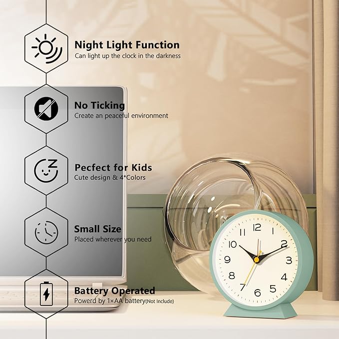 AYRELY® 4.5" Analog Alarm Clock,Small Retro Desk Clock Battery Operated,Slient Metal Table Clock with Light for Living Room Decor,Bedroom,Bedside,Shelf (Green)