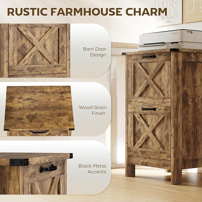 HOMCOM 2 Drawer Vertical File Cabinet with Silent Slides, Rustic Farmhouse Filing Cabinet with Barn Doors for A4/Letter Size, Printer Stand with Storage for Home Office, Rustic Brown