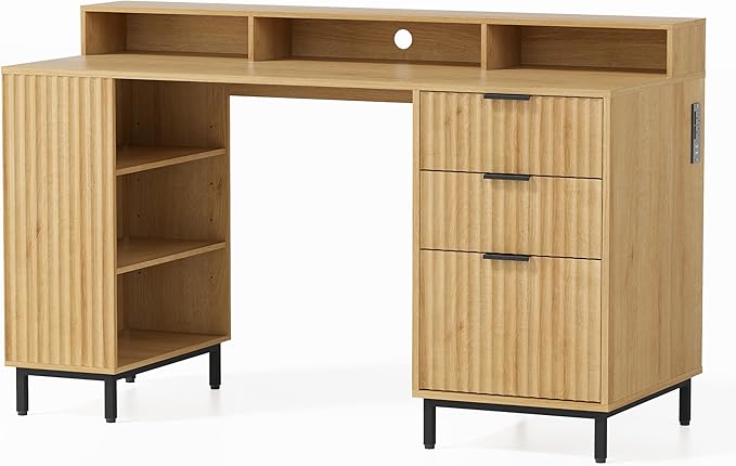 Fluted Executive Desk with Charging Station, 55" Modern Wood Office Desk with Monitor Stand & File Drawer, Home Writing Study Computer Table for Work Study, Natural Oak