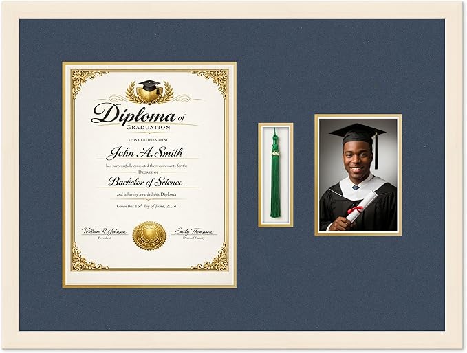 CountryArtHouse Diploma Tassel and Photo Shadowbox Fits 10 x 13 College Diploma (Portrait Traditi Coastal Whitewash Genuine Hardwood with Navy Blue Over Metallic Gold Double mat