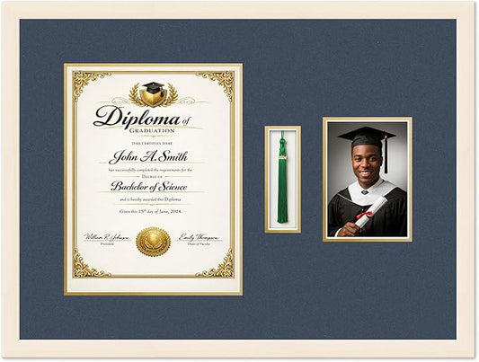 CountryArtHouse Diploma Tassel and Photo Shadowbox Fits 10 x 13 College Diploma (Portrait Traditi Coastal Whitewash Genuine Hardwood with Navy Blue Over Metallic Gold Double mat