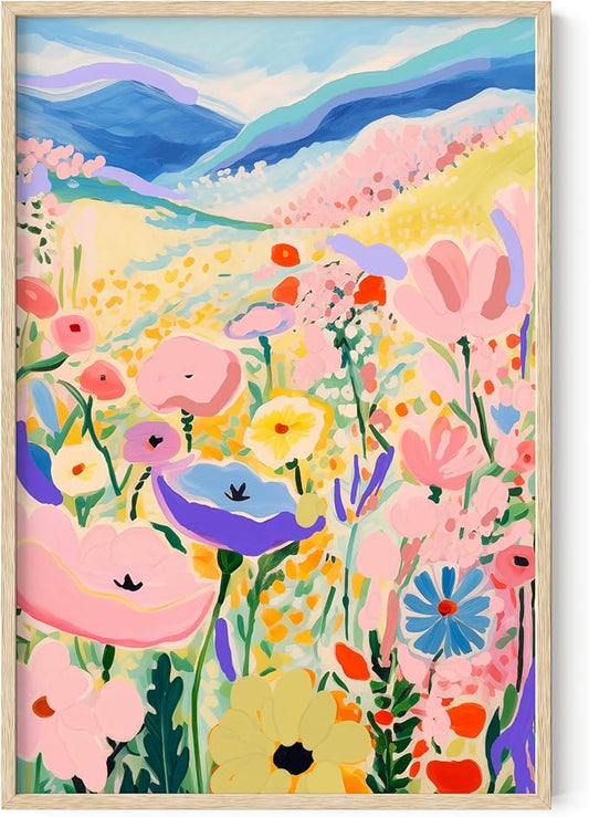 HAUS AND HUES Floral Art Wall Decor - Wildflowers Wall Art for Living Room, Floral Artwork for Bedroom Walls, Flower Painting for College Girls Dorm Room (Valley, Beige Frame, 24x36)