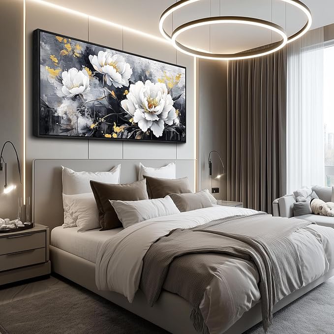 PHAOHUAXM Large Framed Canvas Wall Decor For Living Room Wall Art For Bedroom Modern Abstract Painting Ink-Wash White Flowers With Black Frames Dining Room Home Decor Print Artwork Posters 30"X60"