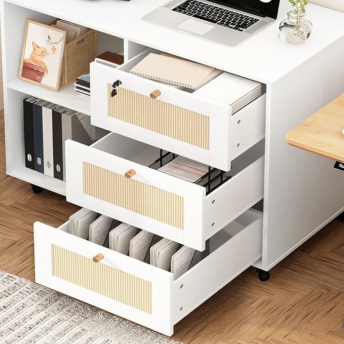 AWQM 2pcs Wood File Cabinet with Lock,3 Drawer Mobile Office Storage Cabinet with 2 Open Shelves,Printer Stand with Storage Lateral Filing Cabinet Printer Cabinet for Home Office,White