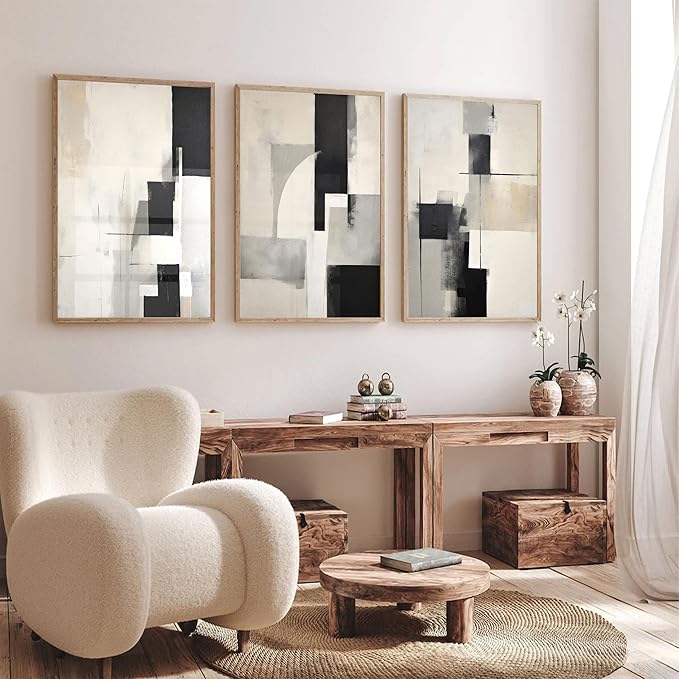 3Pcs Neutral Abstract Canvas Wall Art Pictures Modern Minimalist Posters Prints Beige Black Brown Simple Wall Decoration for Living Room Bedroom Bathroom Office 16x24in Unframed