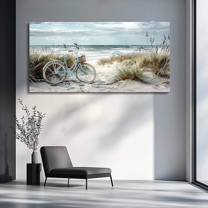 FUHAIHUA Large Wall Art For Bedroom Canvas Wall Decor For Living Room Office Decoration Blue Beach Bicycle Seascape Painting Ocean Landscape Wall Pictures Artwork Modern Home Decor Posters 30"X60"