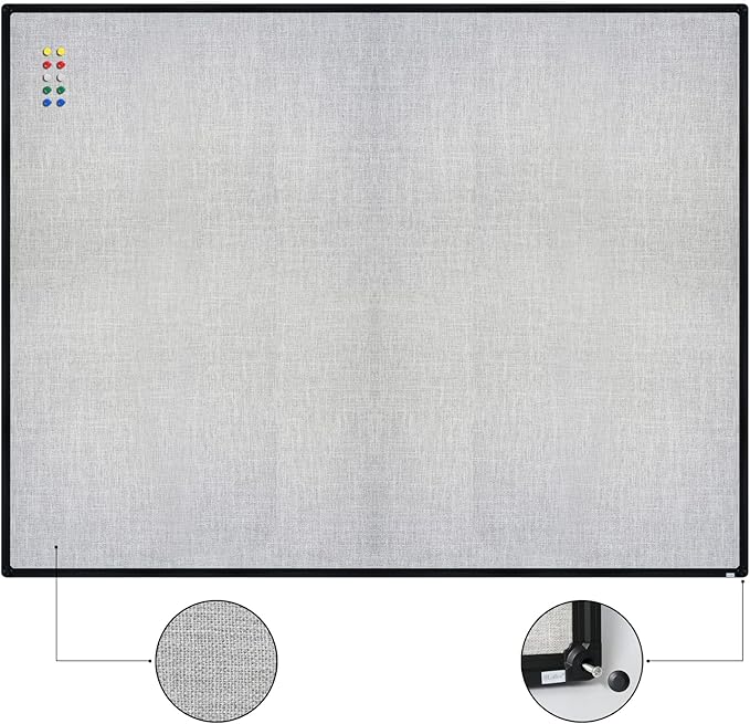 JILoffice Cork Linen Bulletin Board 48 X 36 Inch (Grey), Black Aluminum Frame Wall Mounted Board Memo Pin Board for Office Home and School