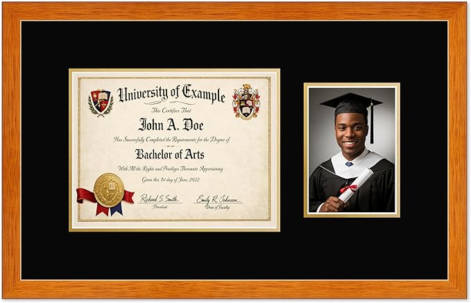 CountryArtHouse Fits 11 x 8.5 US Letter Certificate and 5 x 7 Photo Diploma and Photo Frame Honey Oak Genuine Hardwood with Black Over Metallic Gold Double mat