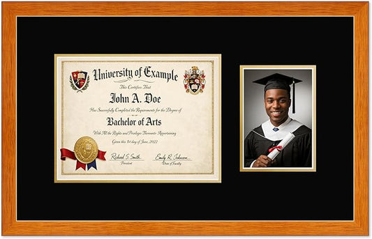 CountryArtHouse Fits 11 x 8.5 US Letter Certificate and 5 x 7 Photo Diploma and Photo Frame Honey Oak Genuine Hardwood with Black Over Metallic Gold Double mat