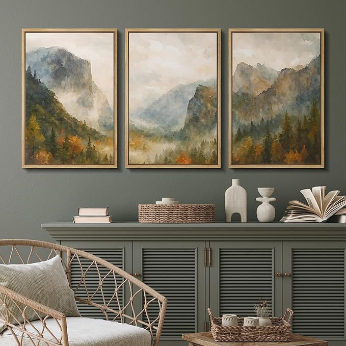 SIGNFORD Framed Wall Art Print Set Misty Mountain Valley Watercolor Serene Nature Landscape Digital Art Modern Art Contemporary for Living Room, Bedroom, Office - 24"x36"x3 Natural