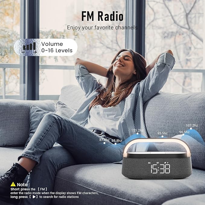 FREEFISH 6 in 1 Bluetooth Speaker with Fast Wireless Charger,FM Radio,Touch LED Night Light,Phone Holder,Snooze,Portable Wireless Speaker for Bedrooms Office Home,Gifts (Black)