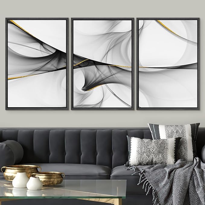 SIGNWIN Framed Canvas Print Wall Art Set 3D Geometric Smoke Wave Landscape Abstract Shapes Illustrations Modern Art Decorative Nordic Zen Chic for Living Room, Bedroom, Office - 16"x24"x3 Black