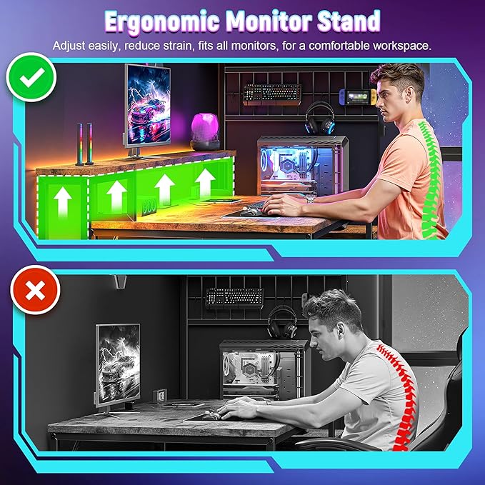63" Gaming Desk with LED Lights & Outlets,Computer Desk with Drawers & Monitor Stand,Gaming Table with Storage Shelves & Printer Space for Game Room,Study Room,Home Office,Rustic Brown