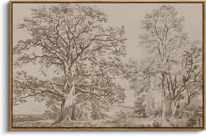 InSimSea Framed Canvas Prints Vintage Decor, Rustic Nature Sketch Tree Landscape Paintings Wall Art, Large Countryside Farmhouse Hanging Wall Decor for Living Room Bedroom, 24x36inch