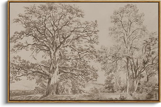 InSimSea Framed Canvas Prints Vintage Decor, Rustic Nature Sketch Tree Landscape Paintings Wall Art, Large Countryside Farmhouse Hanging Wall Decor for Living Room Bedroom, 24x36inch