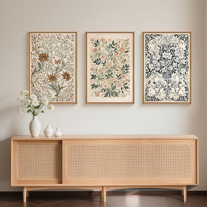 BICERE Large Abstract Vintage Flower Framed Canvas Wall Art,Antique Botanical Wall Decor,Neutral Bouquet Wall Painting,Aesthetic Floral Artwork for Living Room,Bedroom,Dining Room,Office -24"x36"x3