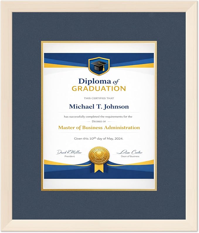 Diploma Frame Coastal Whitewash with Navy Blue Over Gold Double Mat - Fits 10 x 13 College Diploma (Portrait Traditional) Wall Display Made in the USA