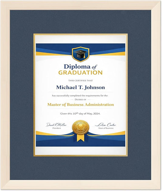 Diploma Frame Coastal Whitewash with Navy Blue Over Gold Double Mat - Fits 10 x 13 College Diploma (Portrait Traditional) Wall Display Made in the USA