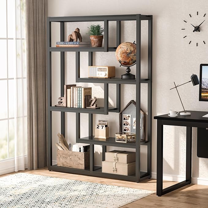 Tribesigns Way to Origin 6-Shelf Modern Bookshelf Set of 2, Industrial Etagere Bookcase, 69-Inch Tall Storage Display Staggered Shelves with Sturdy Metal Frame, Black