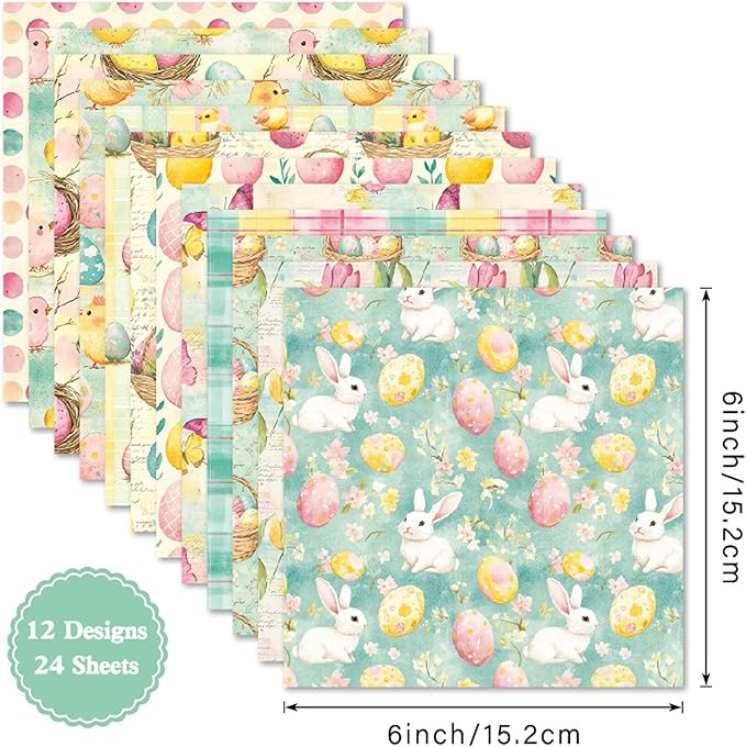 24 Sheets Easter Cardstock Watercolor Egg Rabbit Pattern Scrapbook Paper Pad 6 x 6 Single-Sided for Junk Journal Card Making Origami Handmade DIY Gifts Decor - 12 Designs