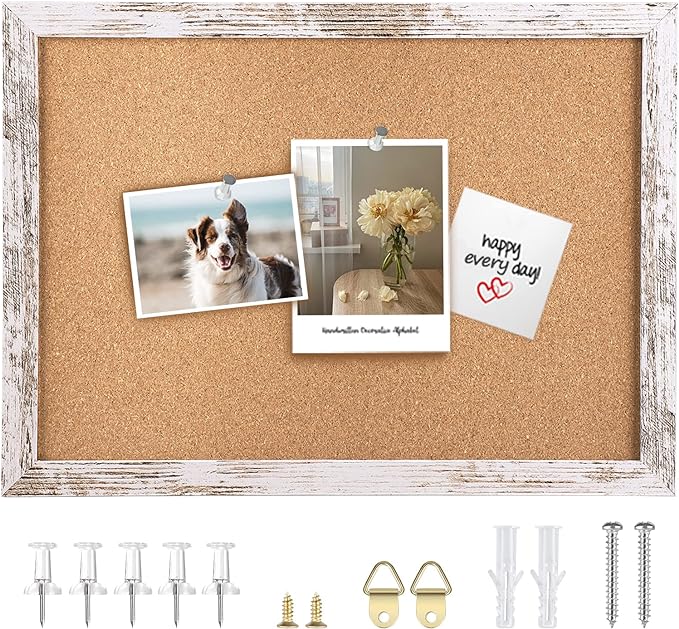 Cork Board Bulletin Board, 14.2x10.2 inches Decorative Hanging Framed Cork Boards for Walls, Pin Board Vision Board for School Home Office, Bulletin Board with White Wood Frame (2636,WH,1pc)