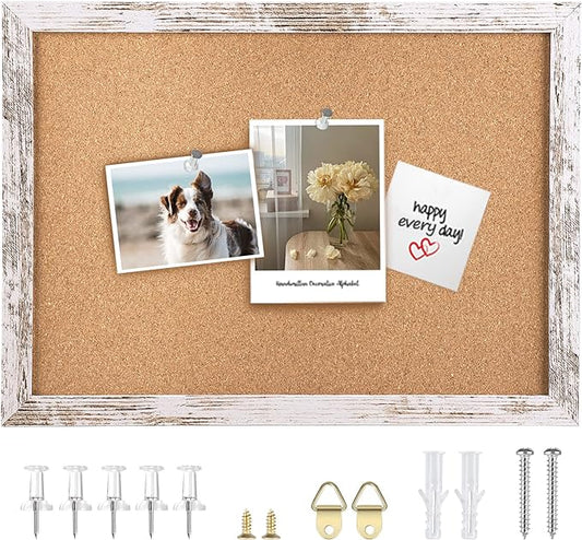 Cork Board Bulletin Board, 14.2x10.2 inches Decorative Hanging Framed Cork Boards for Walls, Pin Board Vision Board for School Home Office, Bulletin Board with White Wood Frame (2636,WH,1pc)