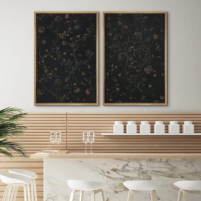 SIGNWIN Framed Canvas Print Wall Art Set Dark Vintage Floral Moody Botanical Modern Art Minimal Boho Relax/Calm for Living Room, Bedroom, Office - 24"x36"x2 Natural