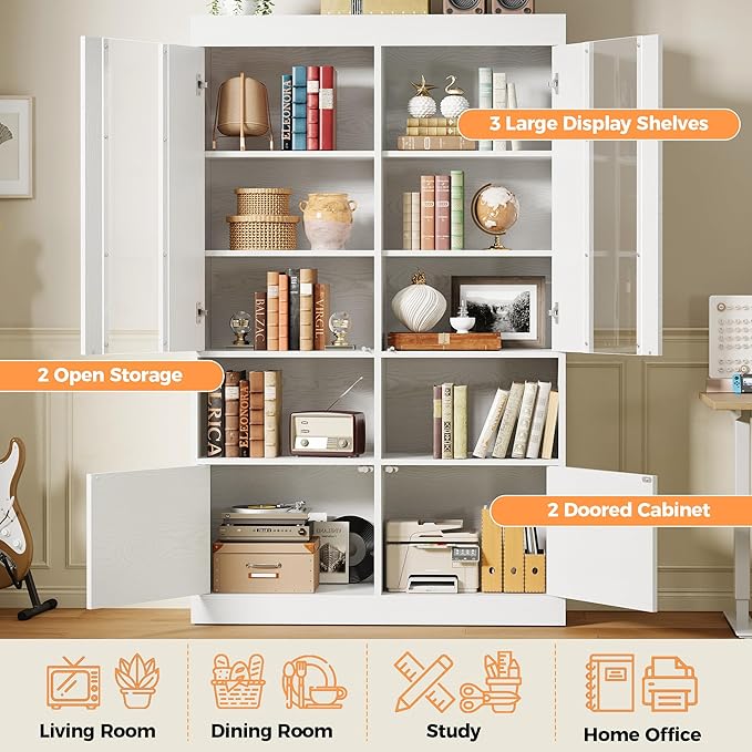 IRONCK Bookshelves and Bookcases with Doors, 70.7" H White Bookshelf with 5-Tier Storage, Large Book Shelf with Acrylic Doors for Living Room, Home Office