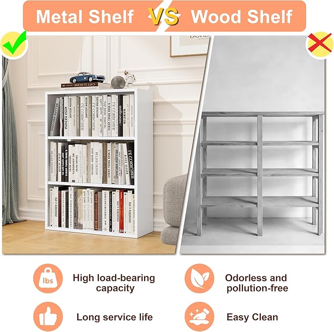 4-Tier Steel Standing Book Shelf, Multipurpose Open Storage Rack for Entryway, Living Room, Bedroom, Garage，Metal Bookshelf (White, 35.4" Hx27.5 Wx11.8 D)