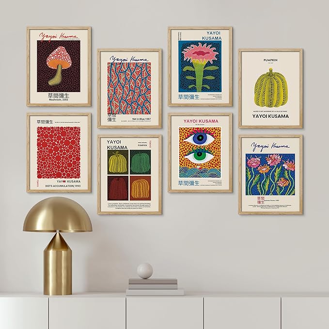 SIGNWIN Framed Poster Wall Art Set of Mushroom Botanical, Blue Red Dots, Japanese Pumpkin The Ocean Minimalist Decor for Living Room, Bedroom, Office - 8"x10"x 8 Natural