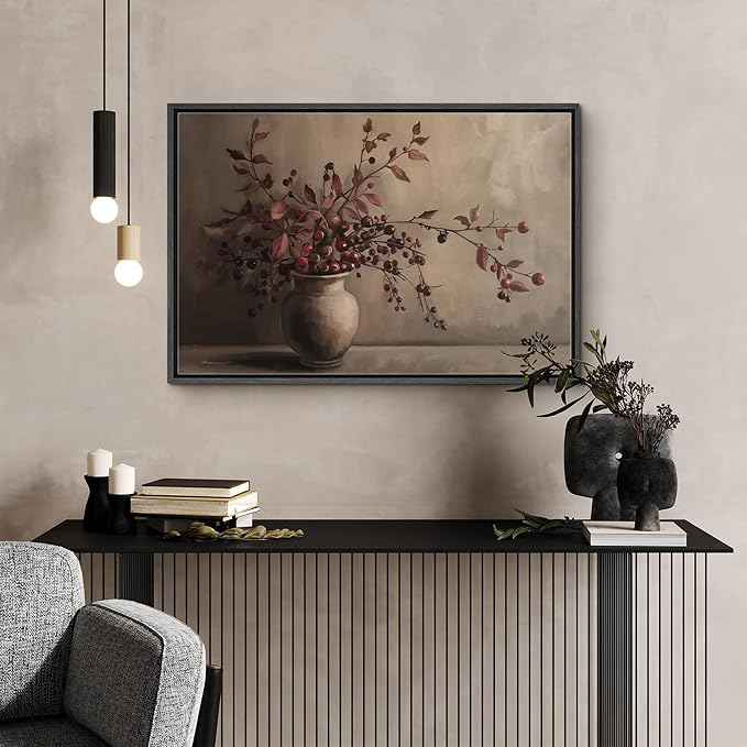 SIGNFORD Framed Canvas Print Wall Art Rustic Berries in Vase Traditional Still Life with Warm Tones Illustrations Modern Art Decorative Relax/Calm for Living Room, Bedroom, Office - 24"x36" Black