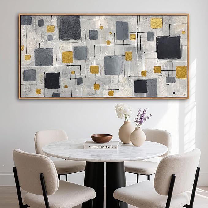 KLAKLA Neutral Decor Modern Abstract Wall Art Poster - Black Gold Gray for Living Room Bedroom Office Framed Minimalist Abstract Design 58x29 Inches