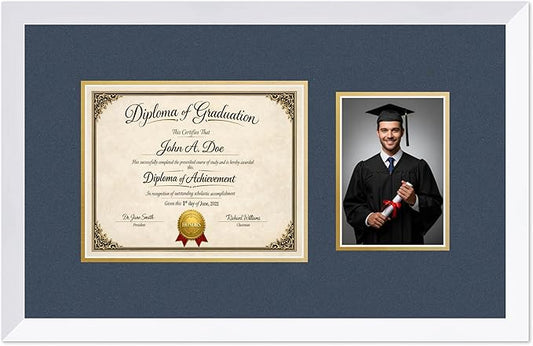 Diploma Frame With Photo Opening Bright White Navy Blue Over Gold Mat - Fits 10 x 8 Degree and Picture Made in the USA