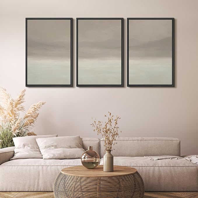 MUDECOR Framed Wall Art Print Set Misty Horizon Minimalist Foggy Mountain Landscape in Soft Neutral Tones Illustrations Realism Decorative for Living Room, Bedroom, Office - 24"x36"x3 Black