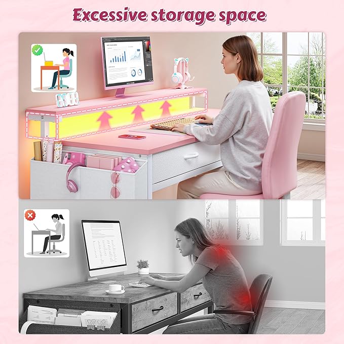 39.4Inch Office Computer Desk with LED Lights & 2 Fabric Drawers, Gaming Desk with Side Pocket & Ergonomic Monitor Stand, Small Space Study Writing Table with Anti-Tip Design,Pink