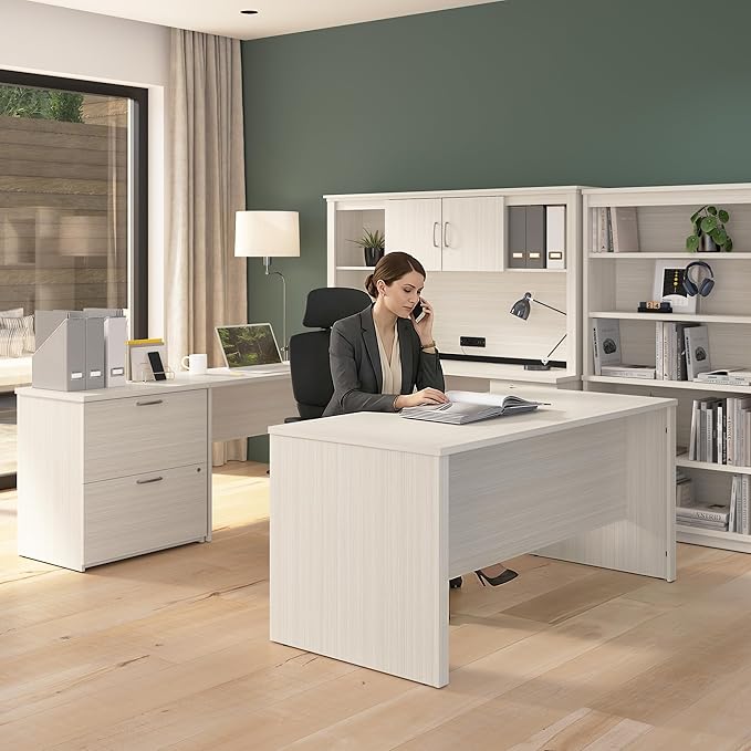Bestar Logan 66W U or L-Shaped Executive Office Desk with Pedestal and Hutch in White Chocolate