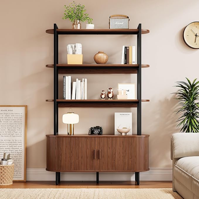 5 Tier Bookshelf with Fluted Cabinet, Tall Bookcase with Sliding Door, Metal and Wood Display Shelf, Free Standing Storage Shelving Unit, Corner Storage Organizer for Living Room, Home Office, Walnut