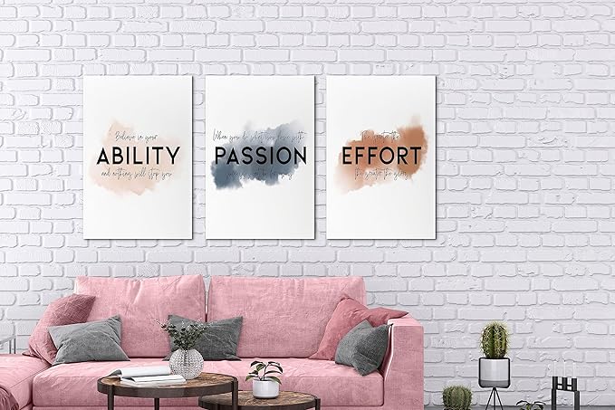 SHMAO Office Canvas Wall Art Motivational Wall Decor, 3 Piece Ability Passion Effort Print Pictures for Office Wall Decor Women Inspirational Framed Artwork Home Office Decor 16”x24”x3 Panels