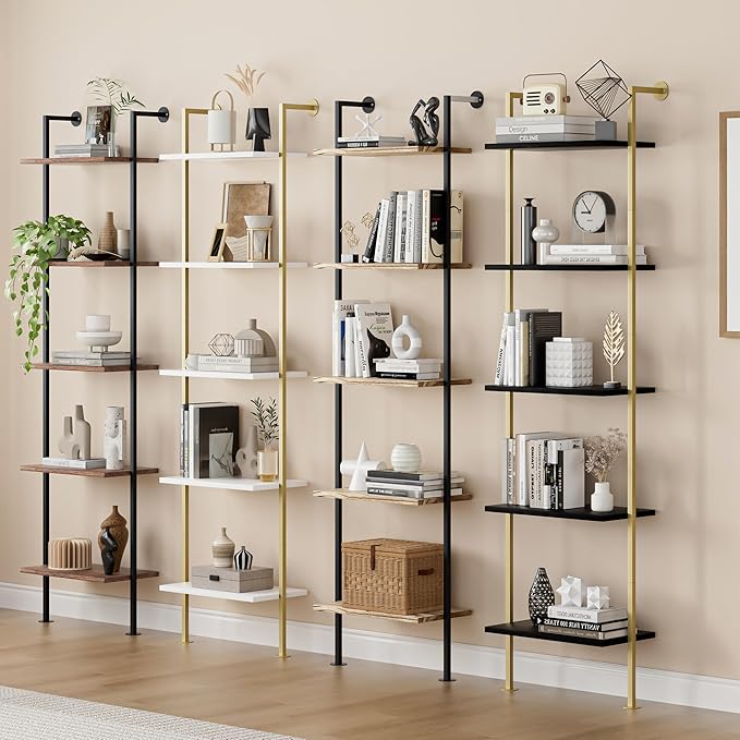 5-Tier Bookshelf Solid Wood Ladder Shelf, Narrow Book Shelf Display Shelf, Wooden Bookcase, Wall Mount Ladder Shelf, Storage Rack for Living Room, Bedroom, Industrial Style, Rustic Brown