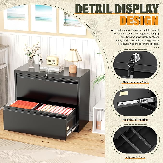 Greenvelly Lateral File Cabinet 2 Drawer, Black File Cabinet with Lock, Lockable Metal Filing Cabinet for Home Office, 2 Drawer File Cabinet for Legal/Letter/A4/F4 Size with Hanging Bars&Key
