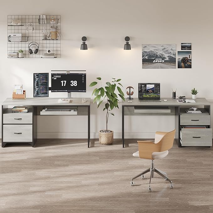 Bestier Office Desk with Drawers, 55 inch Industrial Computer Desk with Storage, Wood Teacher Desk with Keyboard Tray & File Drawer for Home Office, Wash White