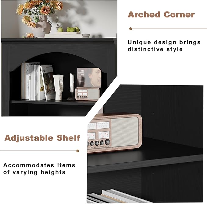56" H Tall Bookshelf and Bookcase, Arched Book Shelf with 4-Tier Open Shelves, Wooden Storage Bookcase Freestanding Display Bookshelves for Bedroom, Living Room, Black