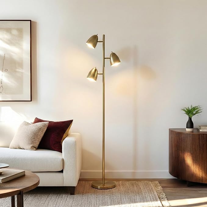 Brightech Jacob LED Standing Lamp, Modern Bright Floor Lamps for Living Rooms & Bedrooms, Tall LED Lighting Lamp with Adjustable 3 Light Tree – Antique Brass/Gold