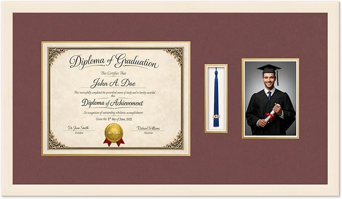 Diploma Tassel and Photo Frame Coastal Whitewash Shadowbox Dark Red Over Gold Mat - Fits 13 x 10 Degree Picture Made in the USA