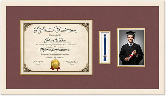 Diploma Tassel and Photo Frame Coastal Whitewash Shadowbox Dark Red Over Gold Mat - Fits 13 x 10 Degree Picture Made in the USA