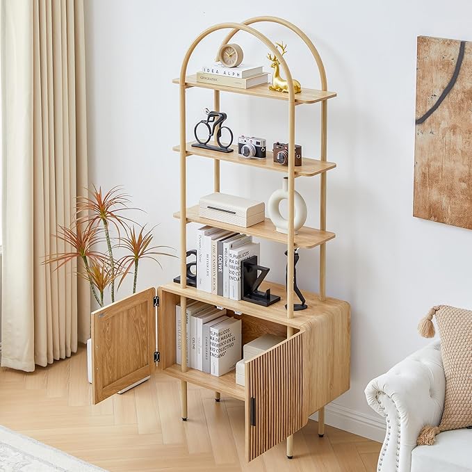 71" Tall Fluted Arched Bookshelf with Doors, Mid Century Modern Metal Bookcase Cabinet with Storage, 4-Tier Industrial Organizer Rack Storage Shelves for Home Office, Living Room (Natural)