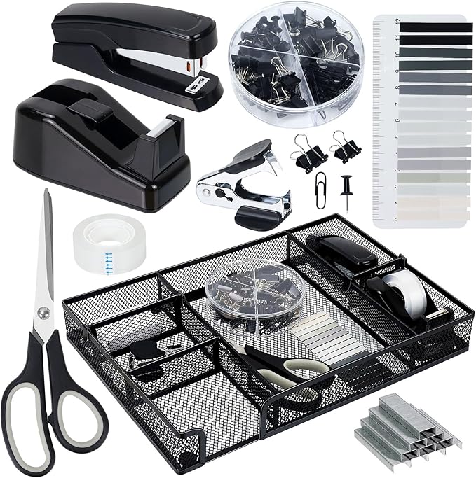 Buqoo Black Office Supplies Set,Black Office Desk Accessories,Desk Drawer Organizer,Stapler and Tape Dispenser Set,Tape,Staple Remover, Staples, Paper Clips, Scissor and Sticky Note